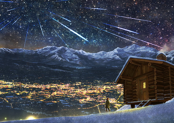 person outside his house watching meteor shower digital wallpaper