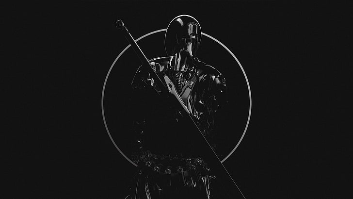 black character with sword, robot, cyborg, studio shot, black background