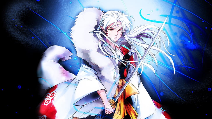 anime illustration, Sesshomaru, sword, white hair, Inuyasha, music
