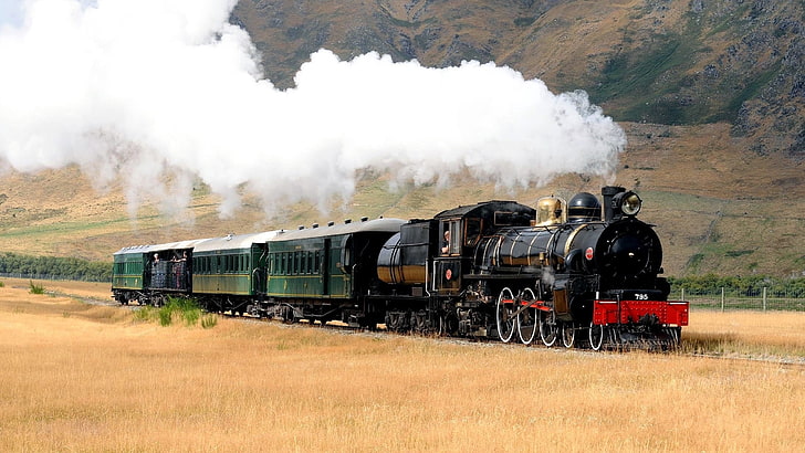 green and black train, locomotive, smoke, steam Train, railroad Track, HD wallpaper