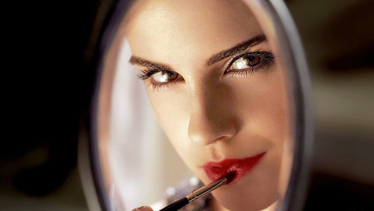 Emma Watson, mirror, reflection, lipstick, red lipstick, makeup