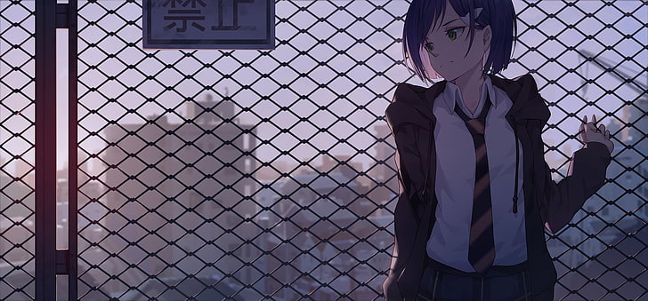 woman in black uniform, anime girls, sky, short hair, green eyes, HD wallpaper