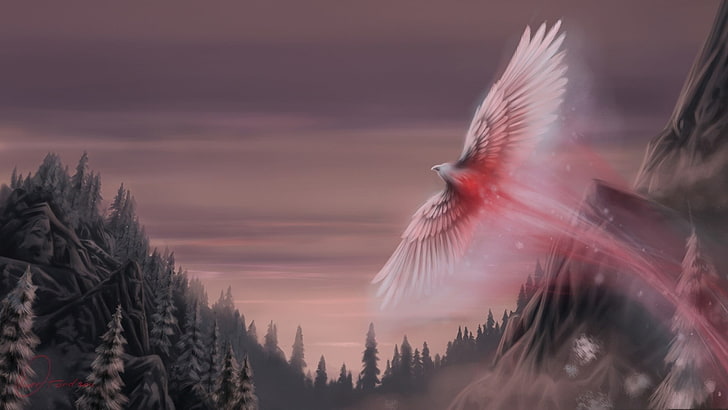 painting of red and white bird flying above trees, fantasy art