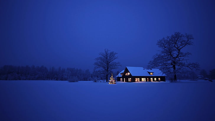 gray house, photo of cabin in the middle of snow covered field during nighttime