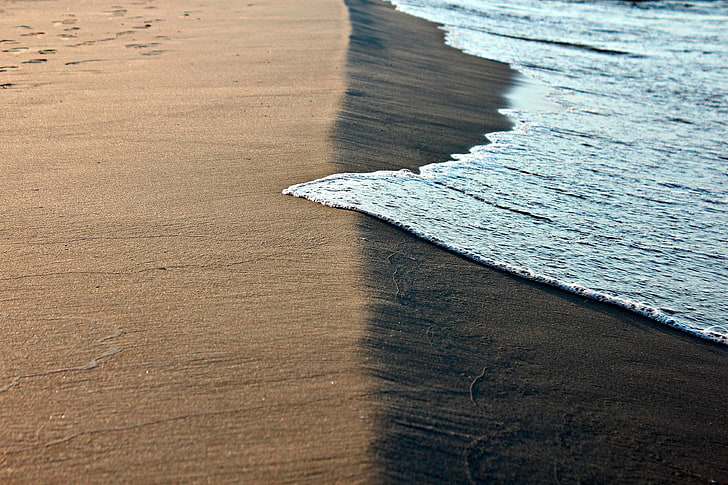 landscape, waves, beach, sand, sea foam, wood - material, no people