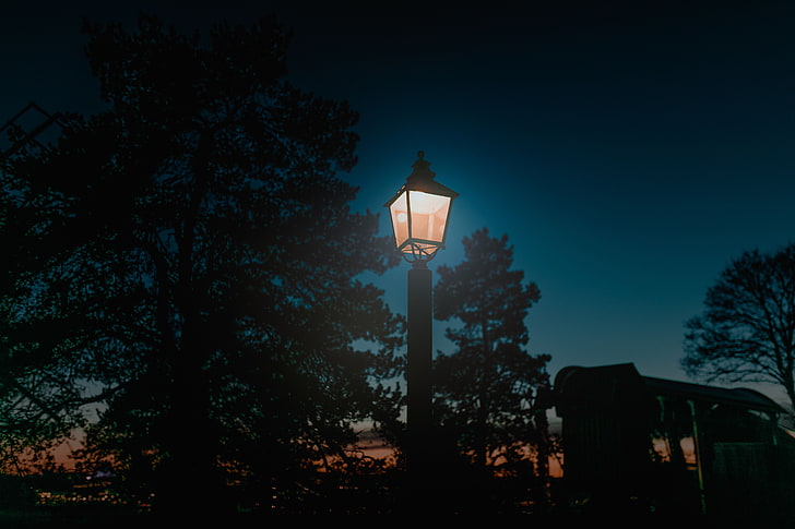 black outdoor post, lantern, night, pillar, light, street Light, HD wallpaper