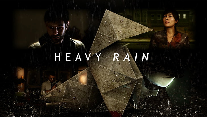 heavy rain text, video games, night, front view, young adult