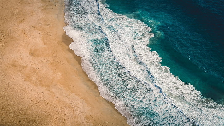 ocean waves, landscape, nature, beach, sea, sand, aerial view, HD wallpaper