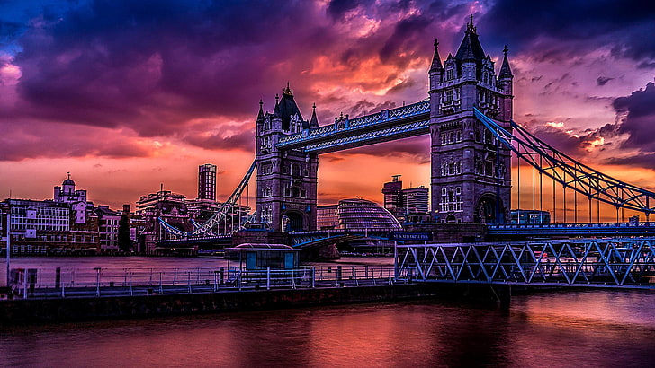 london, united kingdom, river, bridge, great britain, clouds, HD wallpaper