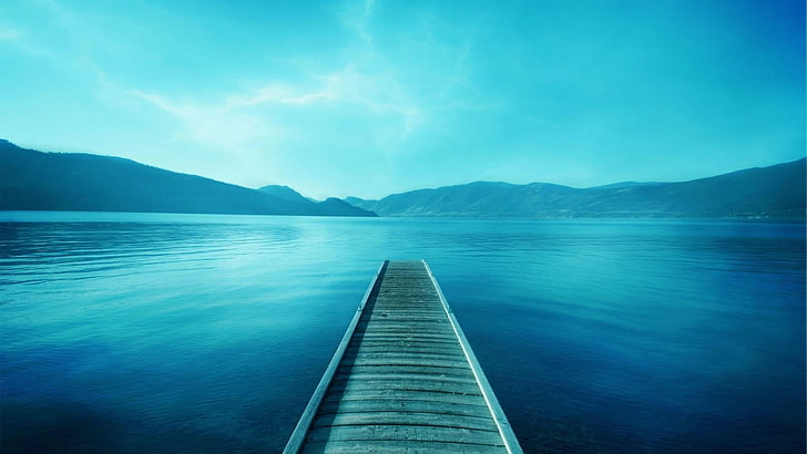 bridge, blue water, sky, mountains, calming, bluish, blue sky, HD wallpaper