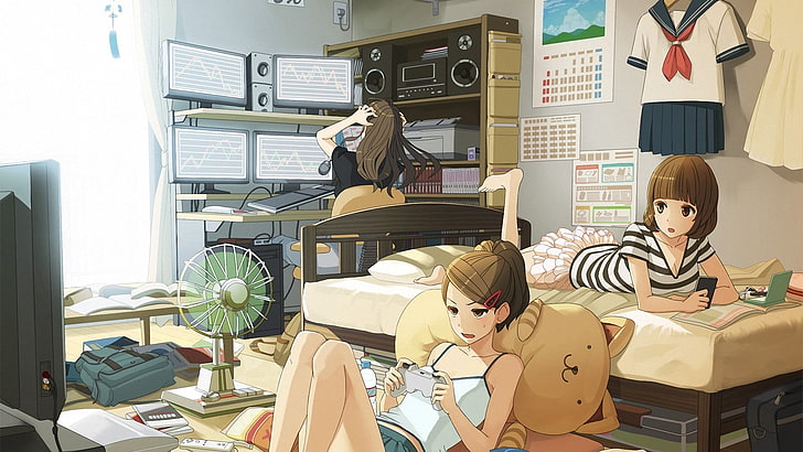 female anime characters, women, school uniform, computer, brunette, HD wallpaper