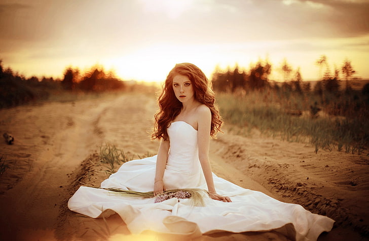 women, brides, redhead, one person, sunset, land, hair, young adult