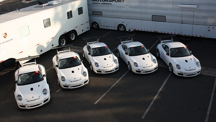 five white Porsche 911 coupes, car, white cars, mode of transportation