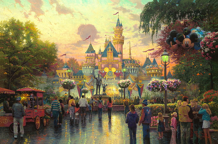 Cinderella's Castle painting, Disney, group of people, religion, HD wallpaper