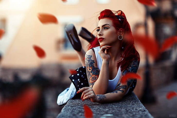 girl, pose, style, makeup, tattoo, bokeh, Alessandro Di Cicco, HD wallpaper