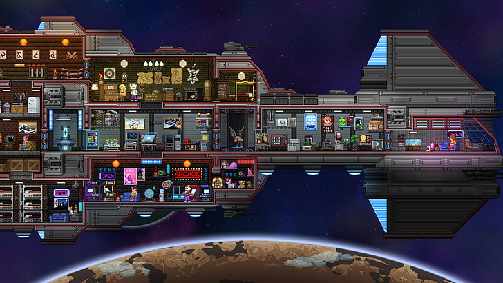 game application screenshot, Starbound, ship, spaceship, night