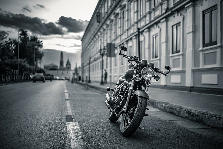 Heavy bike, modified, Harley Davidson, motorcycle, monochrome, HD wallpaper