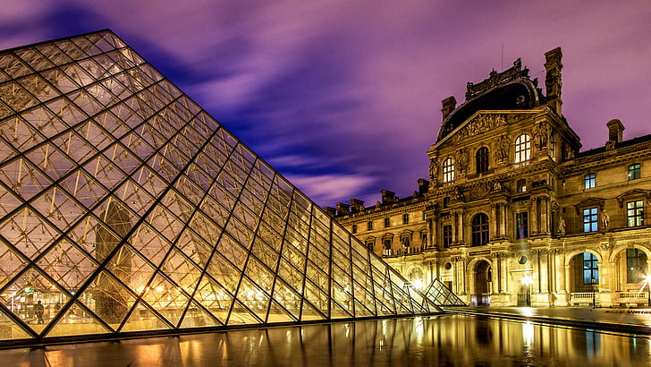 The Louvre Louvre Pyramid Buildings Paris Night Lights HD, architecture