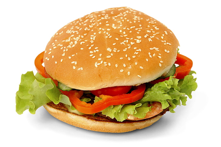 burger with lettuce and tomato, food, burgers, white background