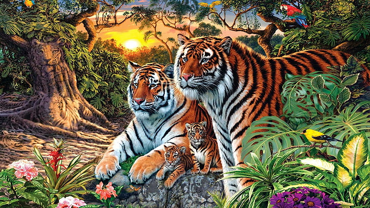 tiger family, artwork, painting art, naive art, rainforest, HD wallpaper