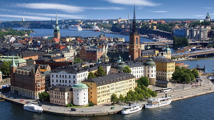 aerial view of small town, stockholm, sweden, riddarholmen church