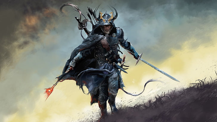 samurai walking on field wallpaper, artwork, warrior, fantasy art