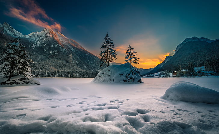 winter, snow, trees, sunset, mountains, lake, Germany, ate, HD wallpaper