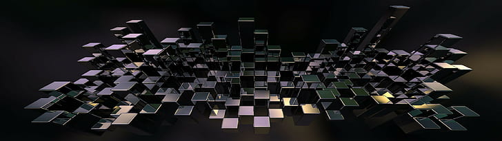 black and green cube digital wallpaper, multiple display, reflection