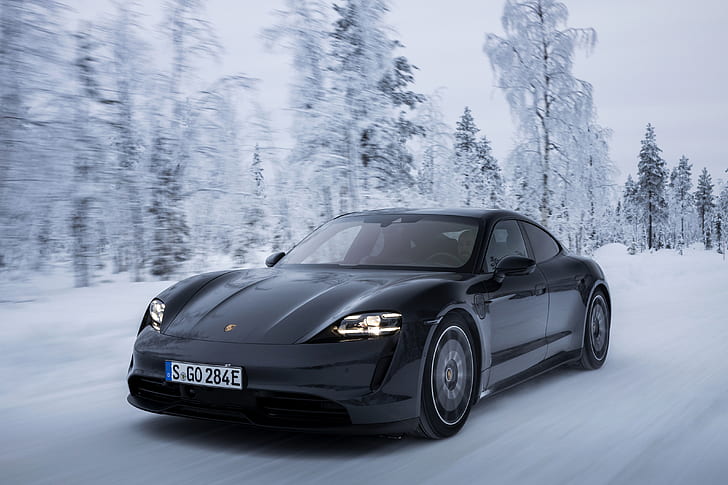 Porsche, Porsche Taycan 4S, Black Car, Snow, Sport Car, Vehicle, HD wallpaper