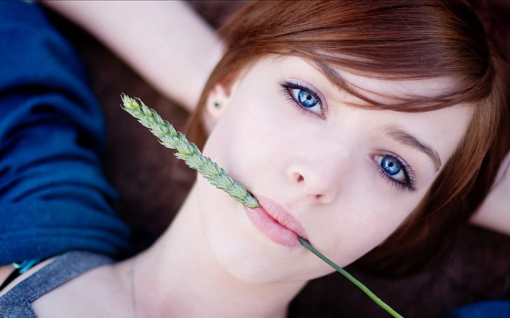 beautyful, blue, eyes, girl, lying, redhead, woman, HD wallpaper