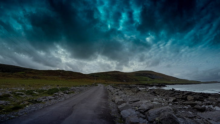 Ireland, blue, sky, dark, road, clouds, HD wallpaper