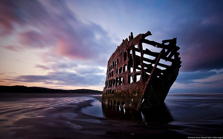 nature, landscape, wreck, shipwreck, Oregon, beach, sea, water, HD wallpaper