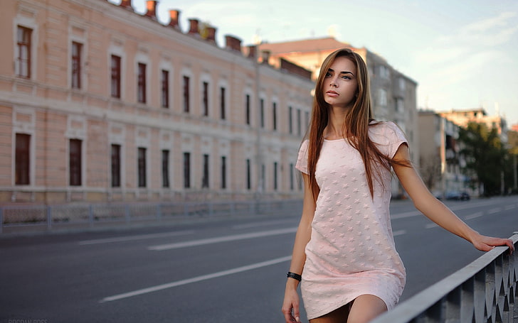 women's white short-sleeved minidress, model, redhead, long hair, HD wallpaper