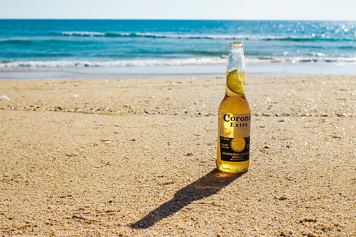 Corona blend bottle, beer, beach, sea, sand, land, container, HD wallpaper
