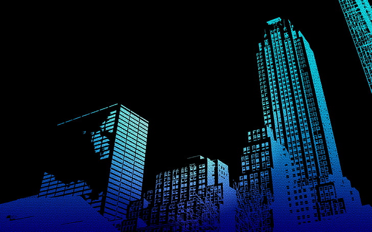 high rise buildings digital wallpaper, artwork, black, blue, skyscraper, HD wallpaper