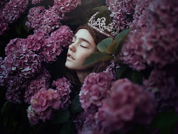 girl, flowers, face, mood, crown, hydrangea, Bella Kotak, A new day whispers, HD wallpaper