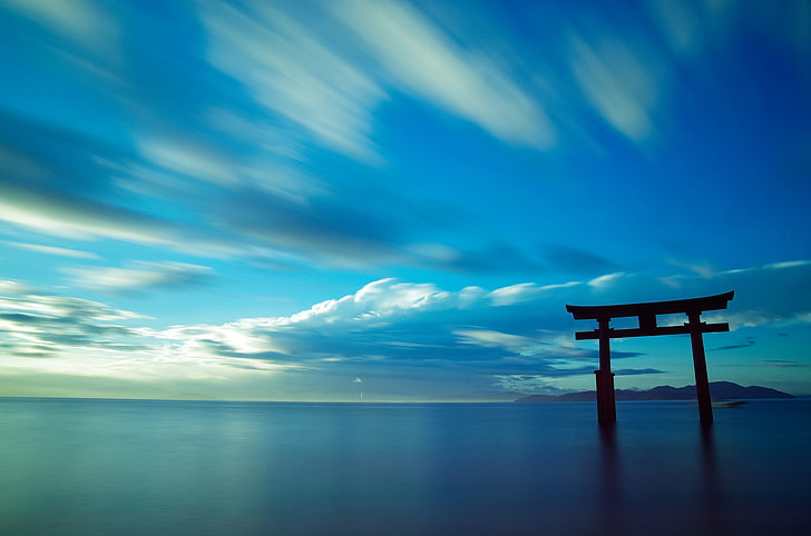 body of water, the sky, landscape, the ocean, gate, Japan, torii, HD wallpaper