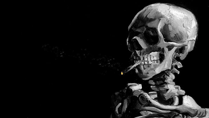 skeleton illustraion, digital art, skull, black background, painting