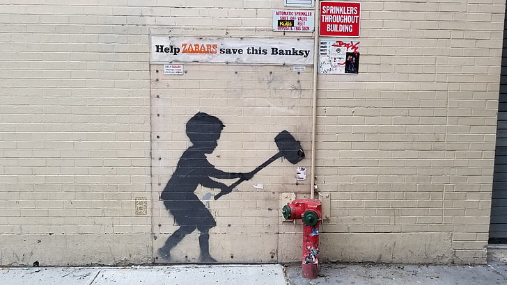 Banksy, graffiti, concrete, wall, urban, sign, text, communication