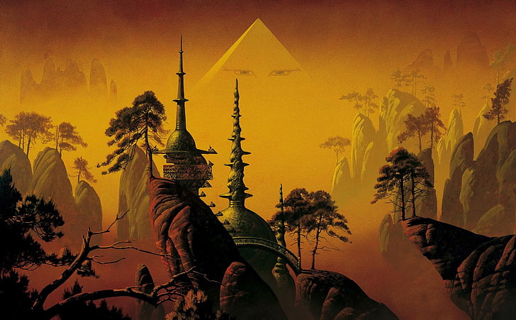fantasy art, Roger Dean, temple, cliff, pyramid, trees, eyes