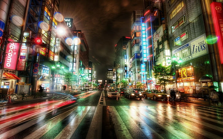 street, lights, city, taxi, car, Tokyo, Japan, night, long exposure