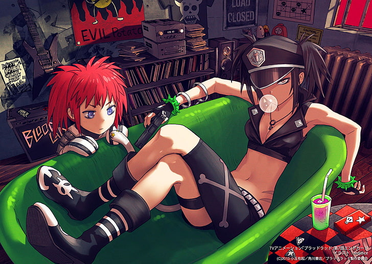 Blood Lad, anime girls, redhead, bubblegum, gun, legs, legs crossed, HD wallpaper
