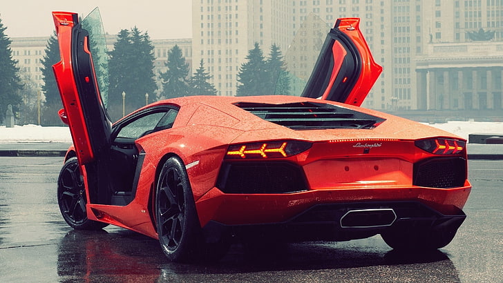 red sport car, Lamborghini, Lamborghini Aventador, rain, red cars