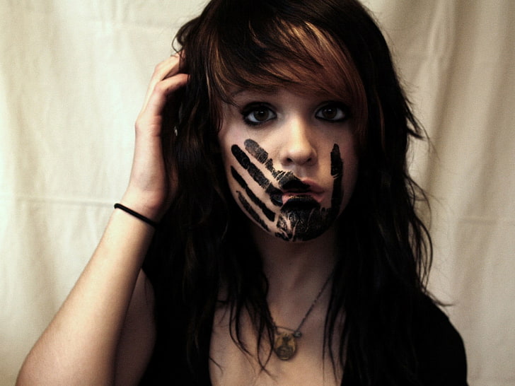 photo of a woman with black hand print on her face, brunette, HD wallpaper