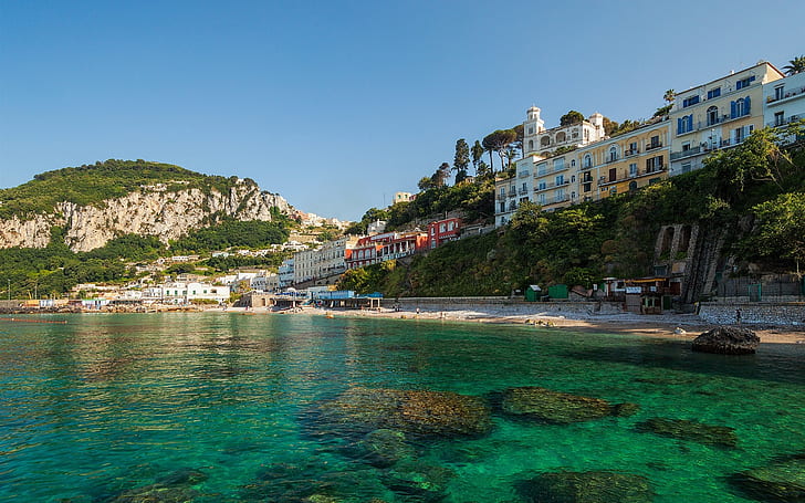 Anacapri, Capri, Italy, city, island, coast, sea, rocks, houses, commercial buildings near beach