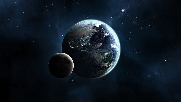 earth and moon painting, render, space, planet, stars, astronomy