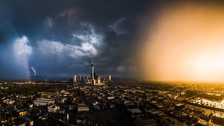 aerial photo of cityscape, Las Vegas, USA, lightning, rainbows