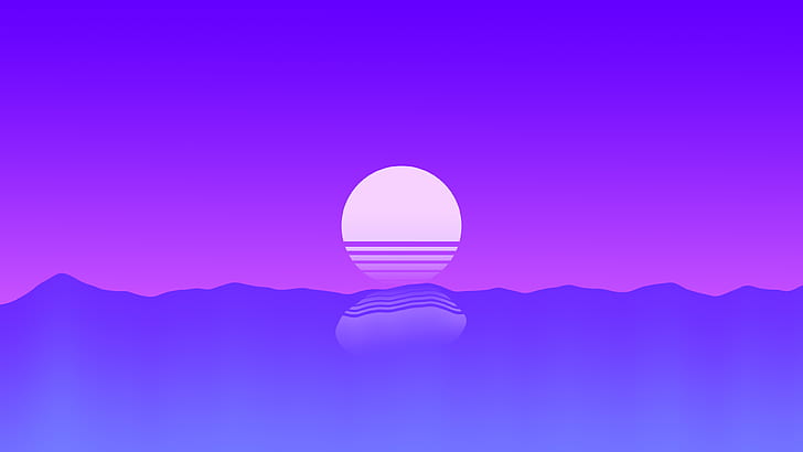 sunset, sea, OutRun, minimalism