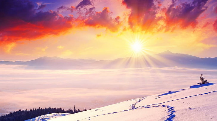 snow covered mountain and white clouds, landscape, winter, sunset