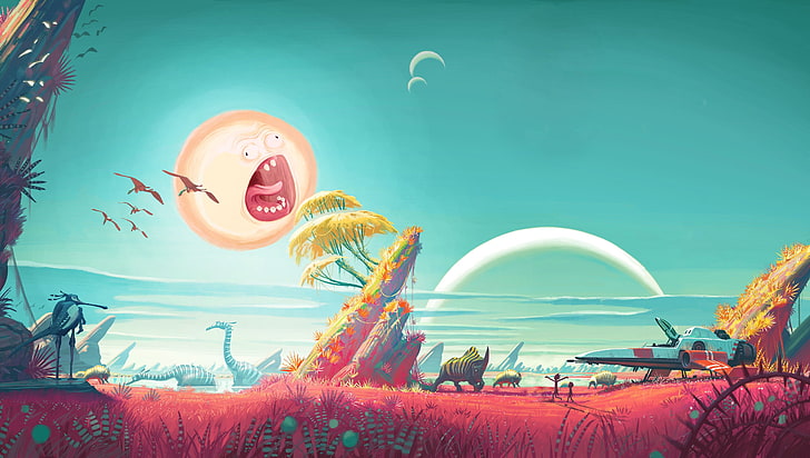 red grass field with dinosaurs illustration, fan art, digital art
